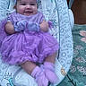 Catalina joined the competition — help win amazing prizes! baby, child, smiling, purple_dress, tutu, baby_seat, space_theme, headband, mittens, socks, happy, indoor, carpet, hand, person, cute, infant, seat, pattern, cozy