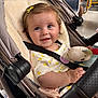 Arabella joined the competition — help win amazing prizes! baby, child, stroller, plush_toy, smiling, blue_eyes, hair_clip, seat_belt, clothing, indoor, person, hand, fabric, comfort, public_transport, seat, cute, infant, portrait, happy