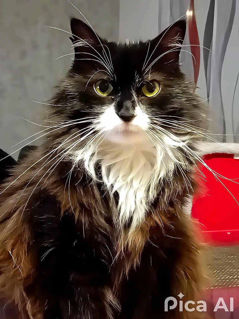 Chana a rejoint le concours — aidez-le/la à gagner de superbes lots ! cat, long_hair, black_and_white, yellow_eyes, whiskers, portrait, indoor, fluffy, feline, animal, pet, close_up, curious, sitting, soft_lighting, background_blur, domestic_cat, mammal, focus, face