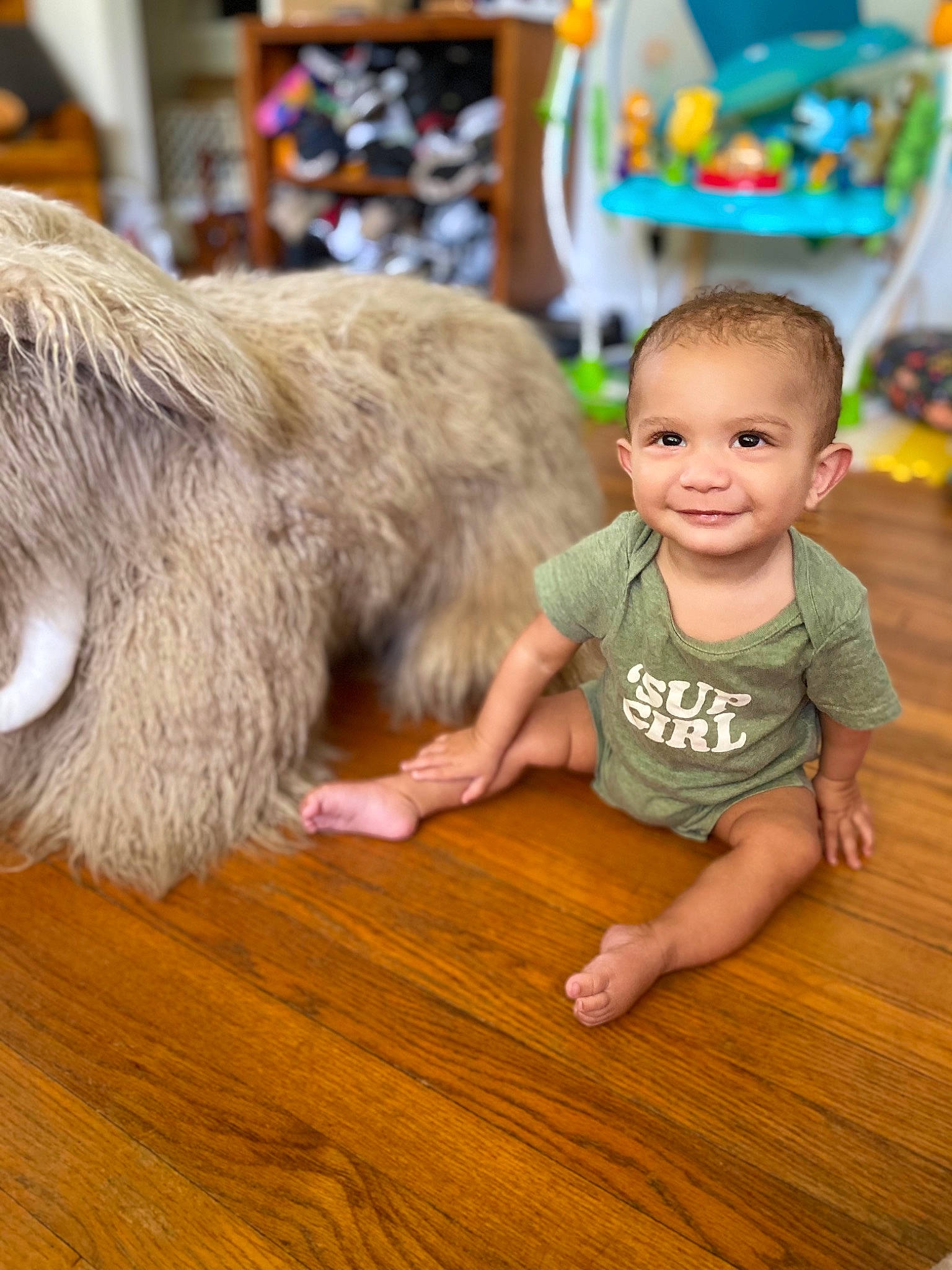 Atlas joined the competition — help win amazing prizes! baby, baby_toddler_clothing, child, companion_dog, event, fawn, floor, flooring, fun, fur, happy, hardwood, joy, leisure, person, skin, smile, toddler, varnish, wood
