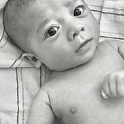 Blake is registered to the contest to win money with this photo: baby, infant, face, eyes, skin, arm, hand, towel, black_and_white, portrait, lying_down, young_child, curious, expression, close_up, newborn, person, child, indoors, soft_light