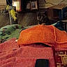 cat, pet, animal, feline, dark_fur, sitting, peeking, indoors, blanket, orange_blanket, pink_blanket, green_blanket, feather_toy, toy, cozy, living_room, furniture, electronics, remote_device, dim_lighting