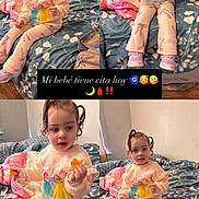 Luna is registered to the contest to win money with this photo: toddler, child, girl, bed, blanket, snack, pink_clothing, curly_hair, pony_tail, indoor, floor, pajamas, sitting, holding, expression, collage, text_overlay, emojis, room, casual