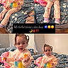 toddler, child, girl, bed, blanket, snack, pink_clothing, curly_hair, pony_tail, indoor, floor, pajamas, sitting, holding, expression, collage, text_overlay, emojis, room, casual