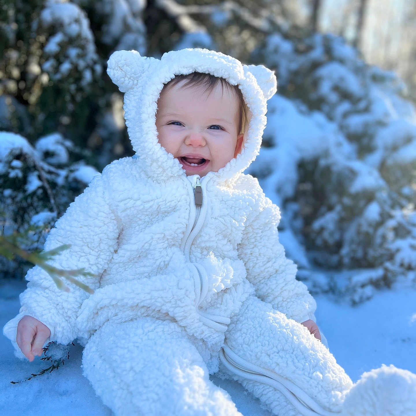 Everlee joined the competition — help win amazing prizes! baby, bonnet, cap, clothing, coat, face, happy, hat, head, hood, jacket, nature, outdoors, person, photography, plant, portrait, smile, snow, winter