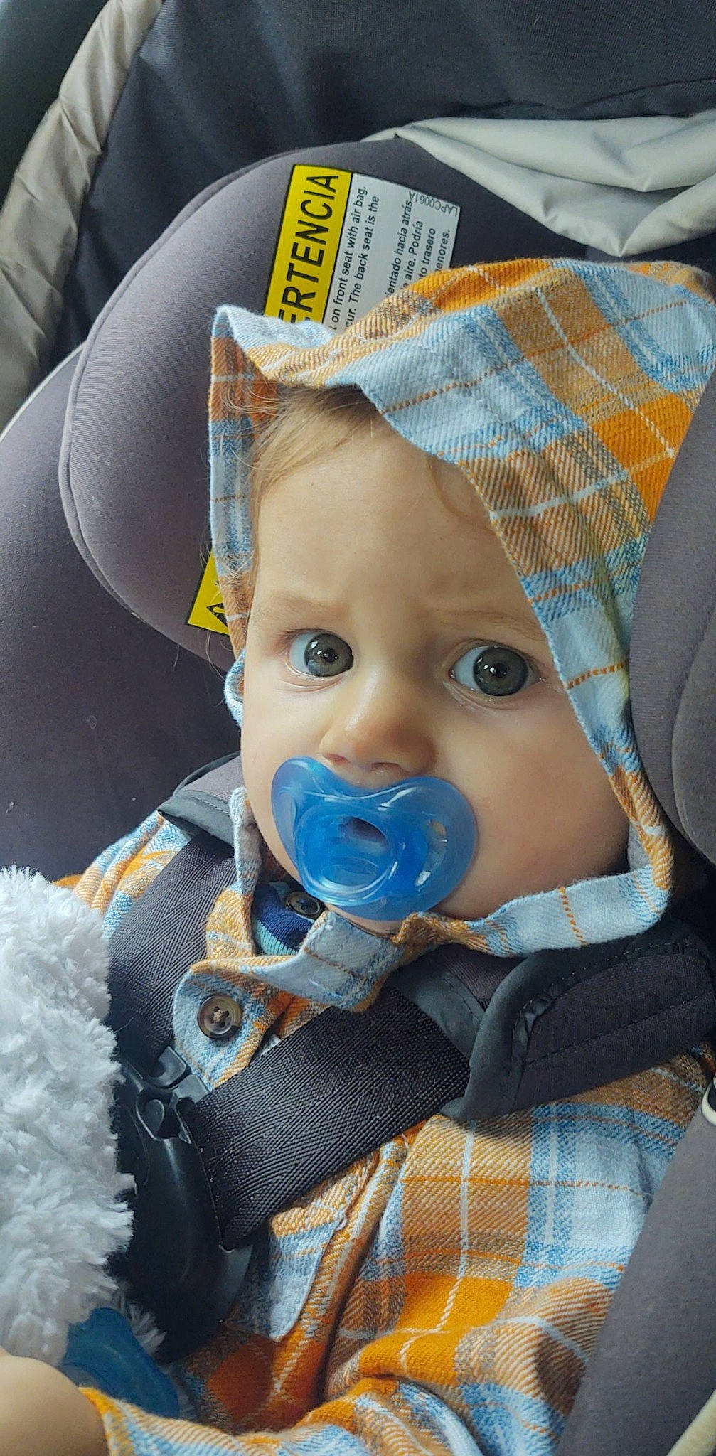 Jesse is registered to the contest to win money with this photo: baby, baby_carriage, baby_in_car_seat, baby_products, baby_safety, baby_toddler_clothing, car_seat, cheek, child, comfort, face, fun, headwear, human, iris, outerwear, pattern, person, product, sitting