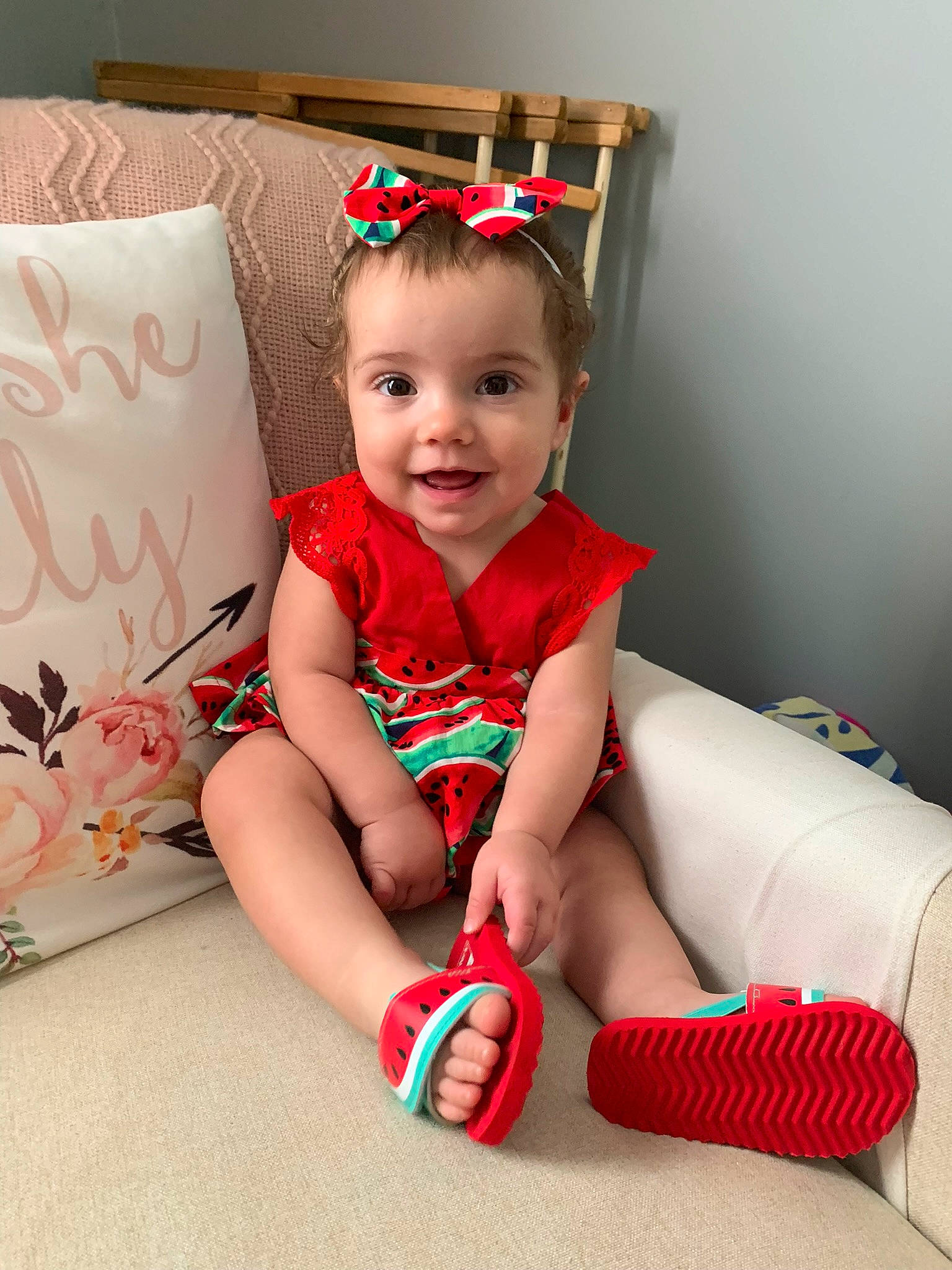 Fallon joined the competition — help win amazing prizes! baby, baby_toddler_clothing, carmine, child, comfort, finger, foot, happy, head, human_leg, joy, knee, pattern, person, product, sitting, skin, sleeve, smile, sock
