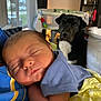 baby, newborn, sleeping, infant, dog, black_dog, indoor, blanket, blue_clothing, yellow_blanket, person, rest, pet, animal, face, closeup, portrait, furniture, window, curtain