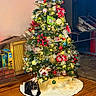 Luna joined the competition — help win amazing prizes! calm, cat, christmas_tree, cozy, decorations, festive, gold, green, holiday_decor, home, indoor, lights, ornaments, pet, pine_tree, red, relaxing, tree_skirt, white, wood_floor