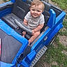 Dustin is registered to the contest to win money with this photo: adventure, baby, blue, child, cute, fun, grass, greenery, happy, outdoor, park, person, play, seat, small, smiling, steering_wheel, toddler, toy_car, vehicle