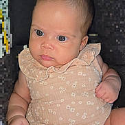 Athena joined the competition — help win amazing prizes! baby, infant, child, portrait, close_up, big_eyes, chubby_cheeks, romper, floral_pattern, ruffled_collar, skin, hand, sitting, car_seat, dark_background, flash, indoor, adorable, newborn, cute_face