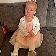 Olivia is registered to the contest to win money with this photo: cardigan, casual, child, couch, cute, dress, furniture, girl, home, indoor, looking_up, pink_bows, portrait, sitting, soft_lighting, stockings, thoughtful, toddler, white_shoes, young_child