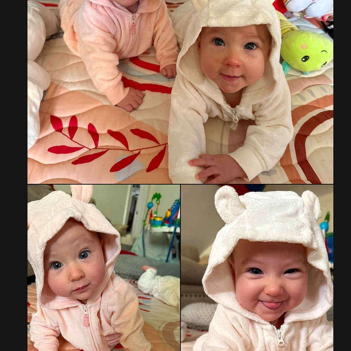 Vera And Theresa is registered to the contest to win money with this photo: baby, bear_ears, child, closeup, colorful, crawling, cute_expression, floor_play, home, hooded_onesie, indoor, infant, person, pink_clothing, play_mat, smiling, soft_toys, tongue_out, toy, white_clothing