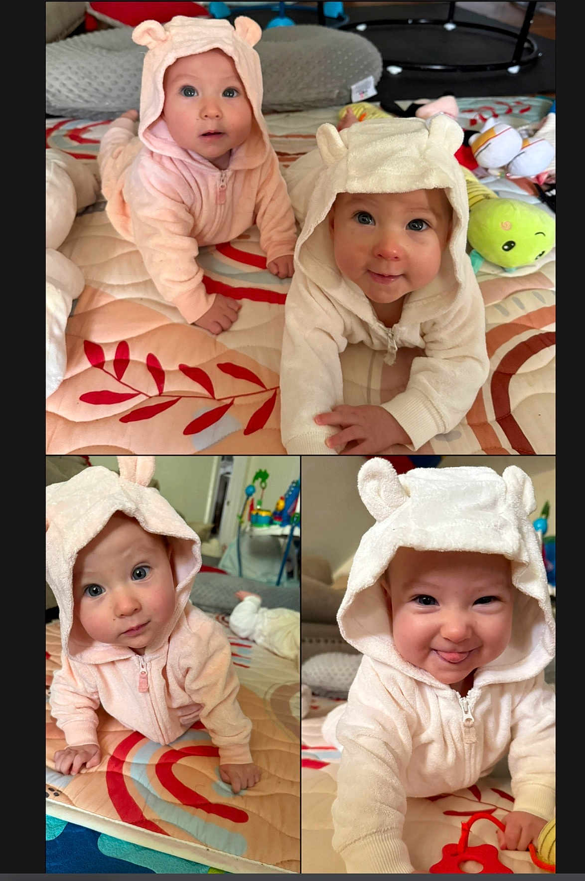 Vera And Theresa is registered to the contest to win money with this photo: baby, infant, child, hooded_onesie, bear_ears, crawling, play_mat, toy, cute_expression, indoor, soft_toys, smiling, tongue_out, pink_clothing, white_clothing, floor_play, person, home, colorful, closeup