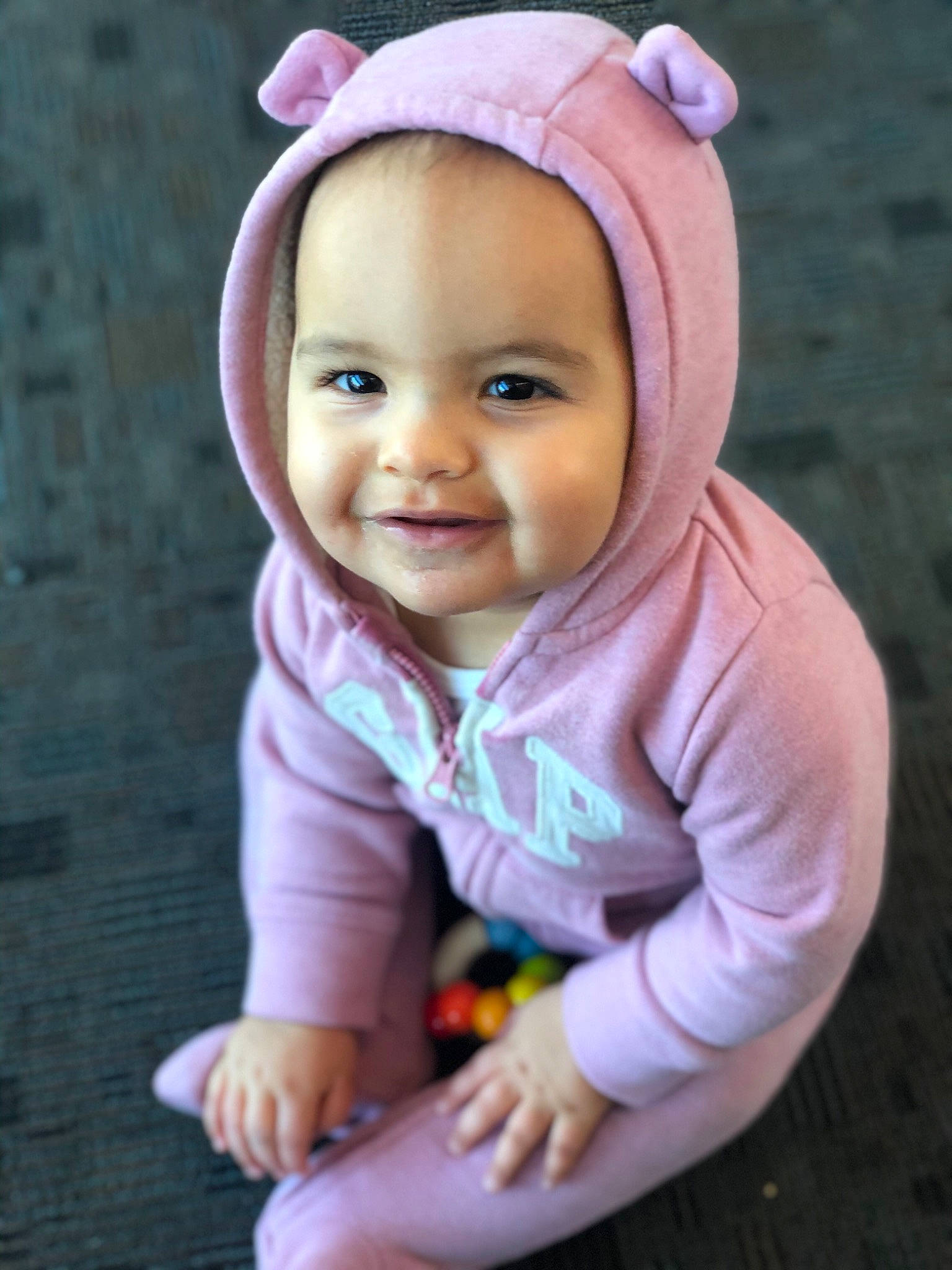 Billie joined the competition — help win amazing prizes! baby, cheek, child, ear, eye, face, fawn, happy, head, headgear, joy, outerwear, people, person, pink, play, skin, smile, toddler