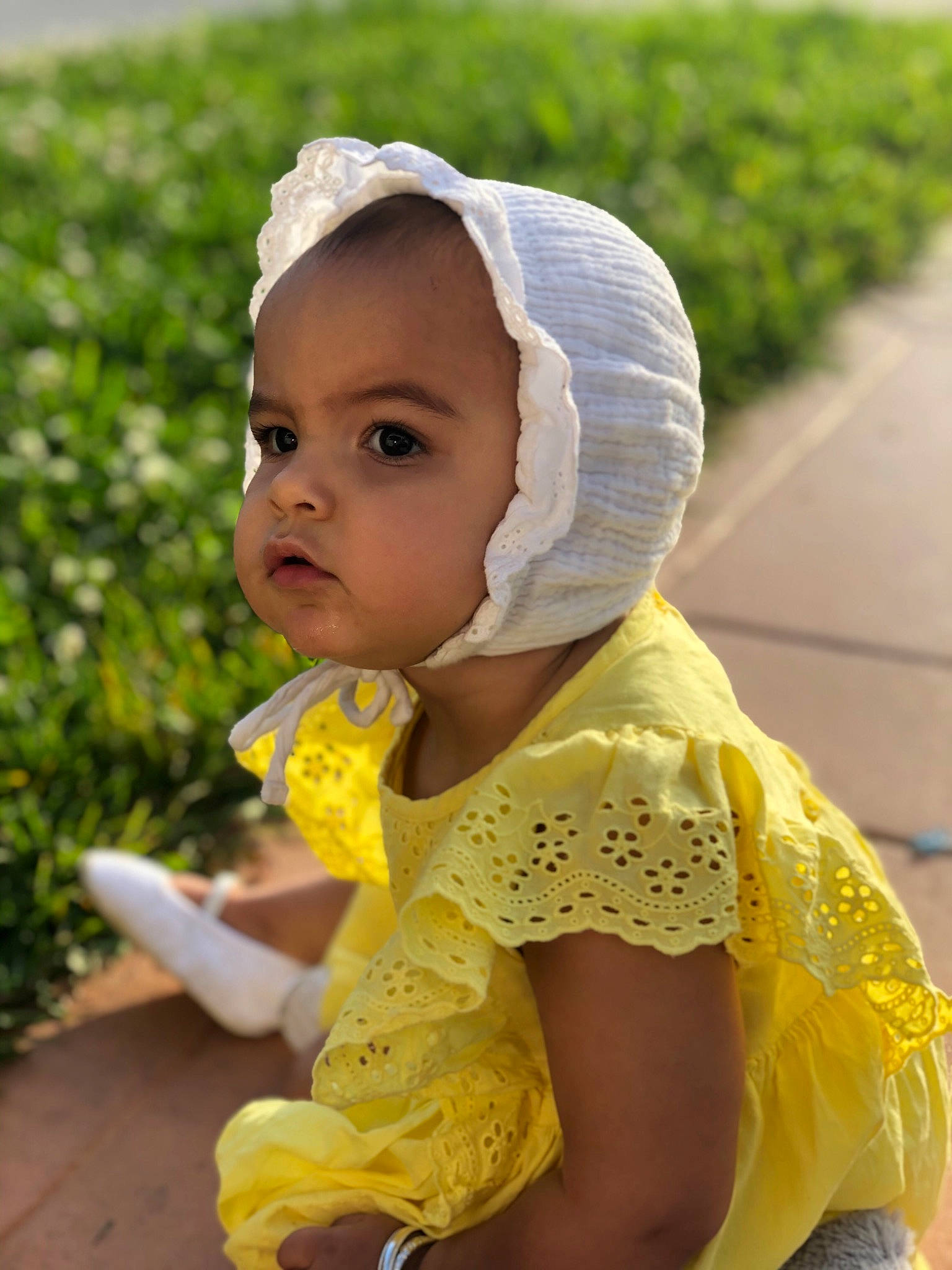 Billie joined the competition — help win amazing prizes! baby, bonnet, child, head, headgear, outerwear, person, play, skin, smile, textile, toddler, yellow