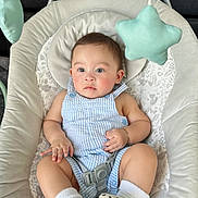 Joss Dashiel joined the competition — help win amazing prizes! baby, infant, baby_rocker, blue_romper, white_socks, soft_toys, star_shaped_toys, cushion, indoor, child, cute, adorable, seated, comfort, playtime, face, expression, person, baby_clothing, vibration_device