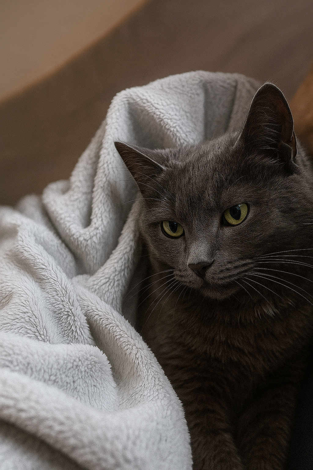Perle participe au concours pour gagner de l'argent avec cette photo : cat, gray_cat, pet, animal, feline, blanket, soft_texture, cozy, indoor, close_up, whiskers, ears, fur, resting, relaxed, green_eyes, portrait, cute, comfort, warm