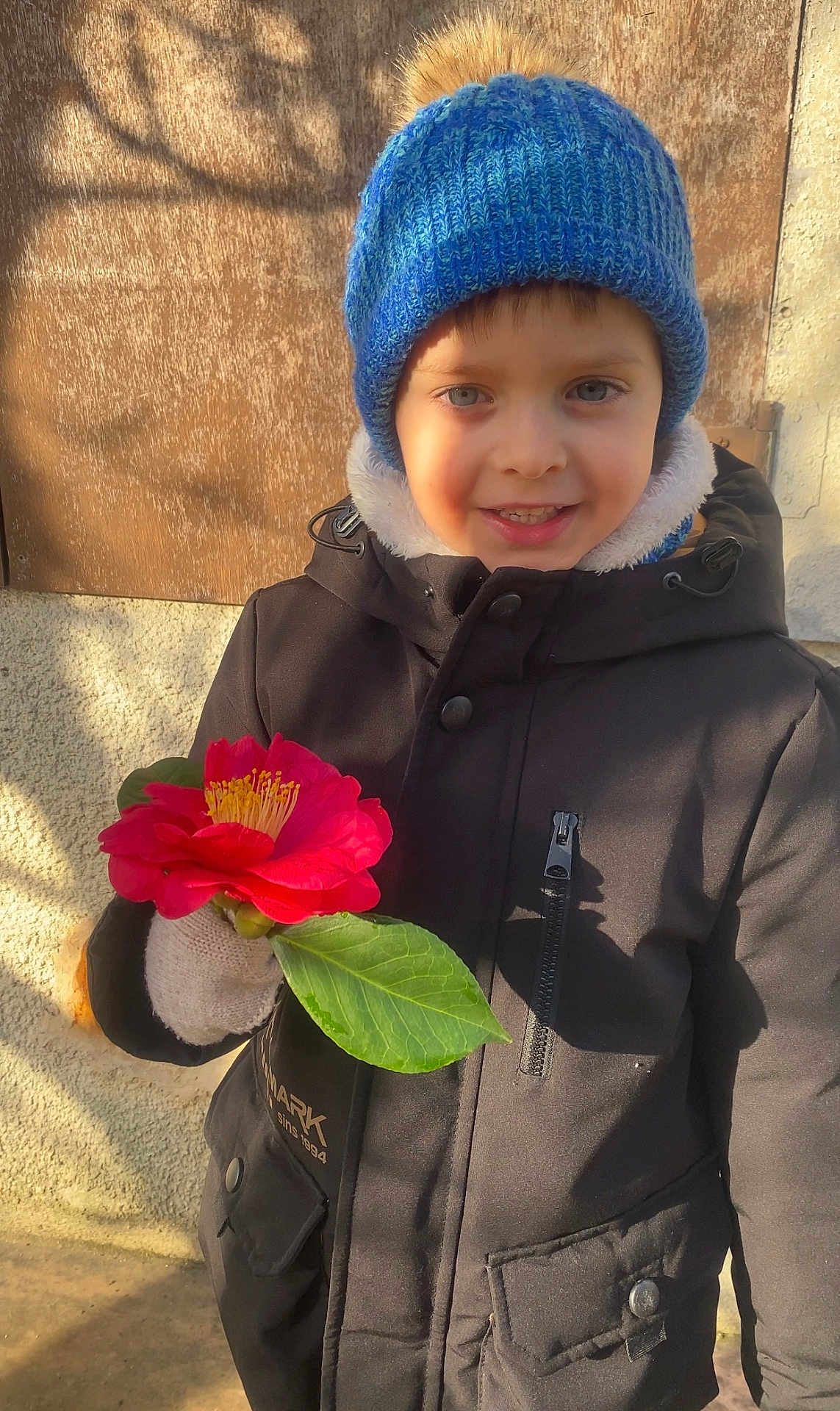 David Mihai participe au concours pour gagner de l'argent avec cette photo : child, smiling, flower, red_flower, blue_hat, winter_coat, gloves, outdoor, sunlight, shadow, wall, leaf, portrait, young_child, happy, nature, seasonal, casual_clothing, person, daylight