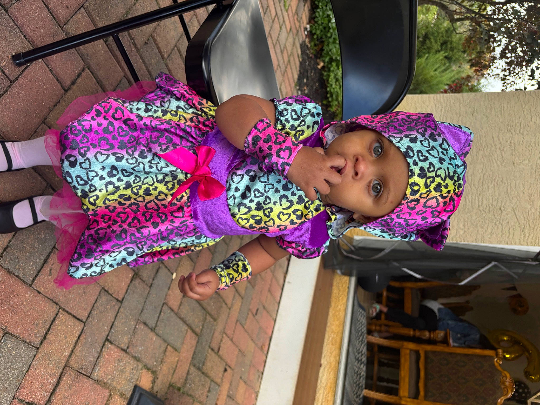 Marlee joined the competition — help win amazing prizes! baby, baby_toddler_clothing, child, fun, happy, headwear, human_leg, leisure, magenta, pattern, person, pink, purple, thigh, toddler, tree, vacation