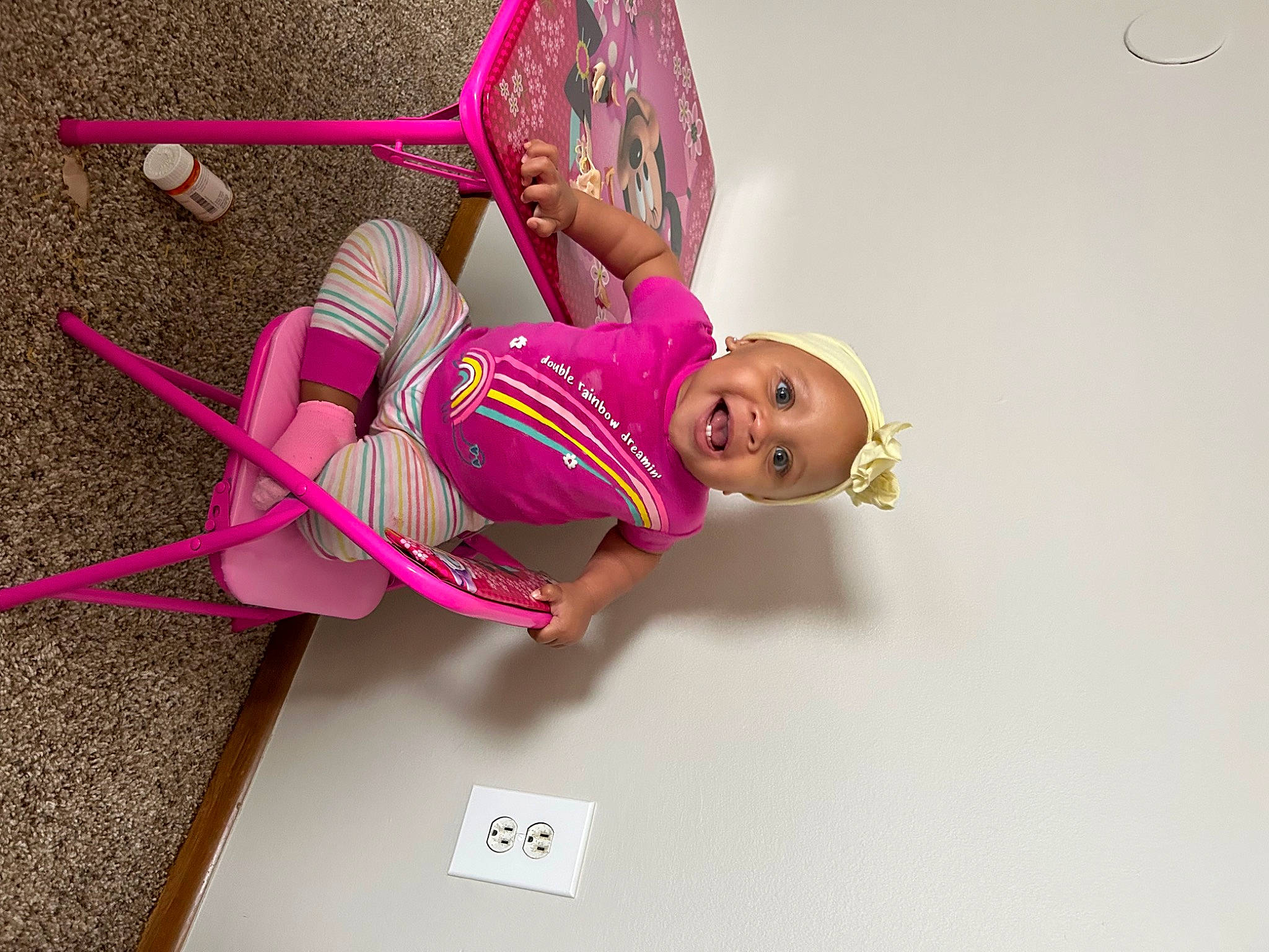 Marlee is registered to the contest to win money with this photo: child, dress, fun, happy, hat, human_leg, knee, leisure, magenta, person, physical_fitness, pink, room, sandal, thigh, toddler, toy, waist