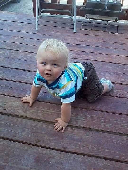 Allen joined the competition — help win amazing prizes! baby, child, cool, crawling, deck, floor, flooring, hand, leg, person, play, sitting, smile, toddler, vacation, wood