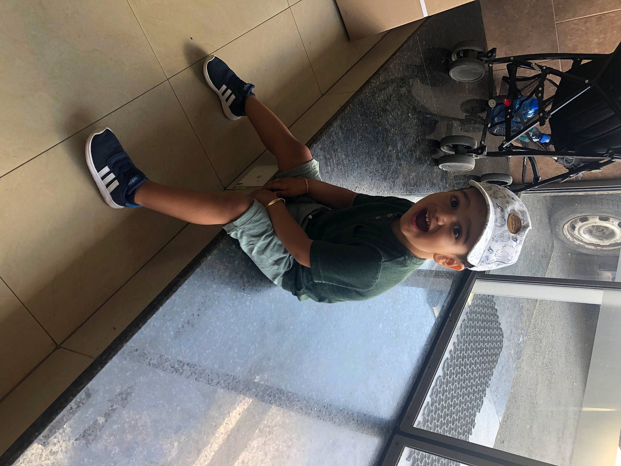 Kristian joined the competition — help win amazing prizes! headlamp, headwear, human_leg, outdoor_shoe, person, sneakers, sock, surprise, walking_shoe