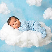 Aurora joined the competition — help win amazing prizes! baby, infant, blue_clothing, knitted_outfit, cloud, fluffy, sleeping, peaceful, sky, background, studio_photo, soft_light, newborn, portrait, cute, child, cozy, resting, dreamy, whimsical