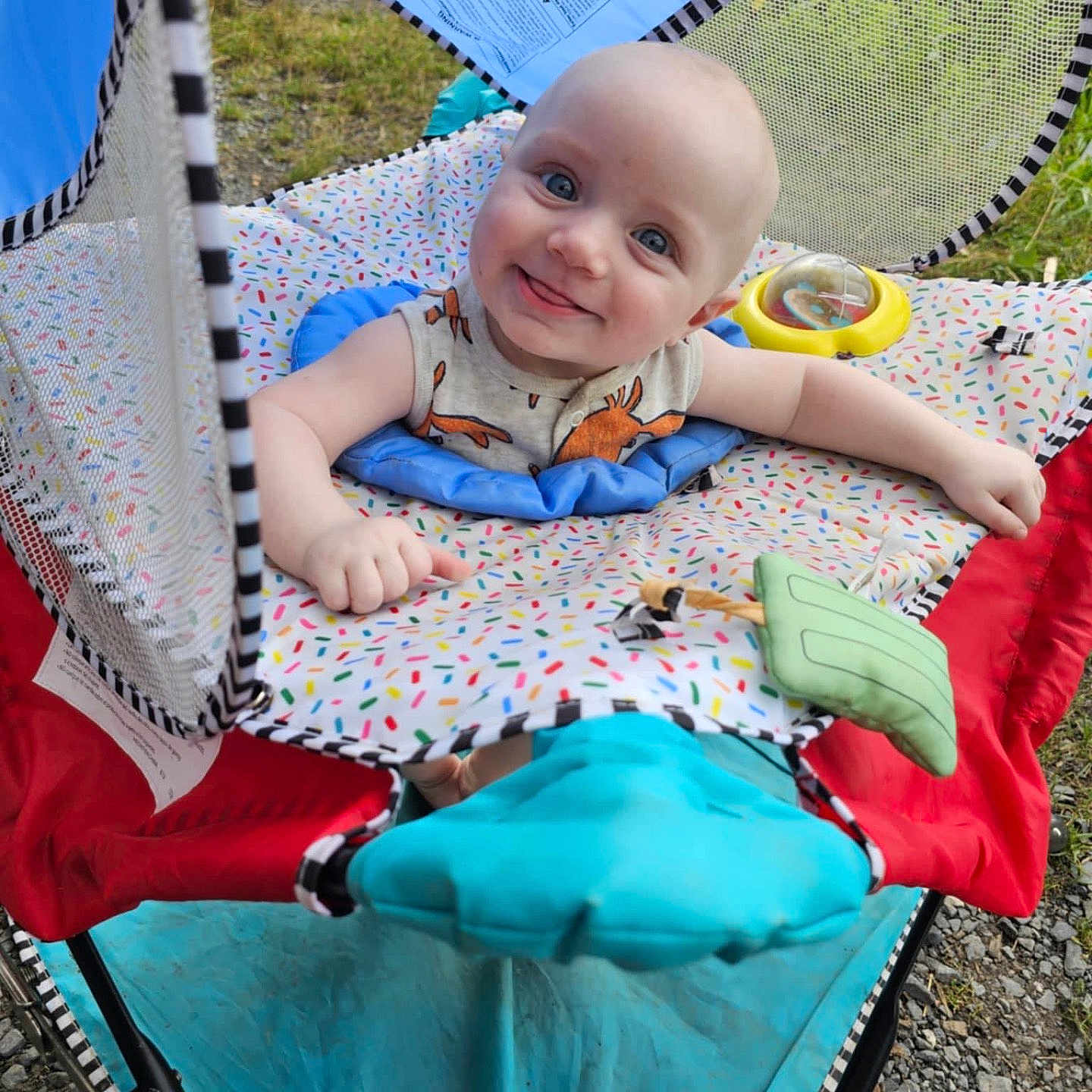 Tyler is registered to the contest to win money with this photo: architecture, baby, building, chair, clothing, face, furniture, glove, grass, head, nature, outdoors, park, person, photography, plant, portrait, quilt, summer, yard