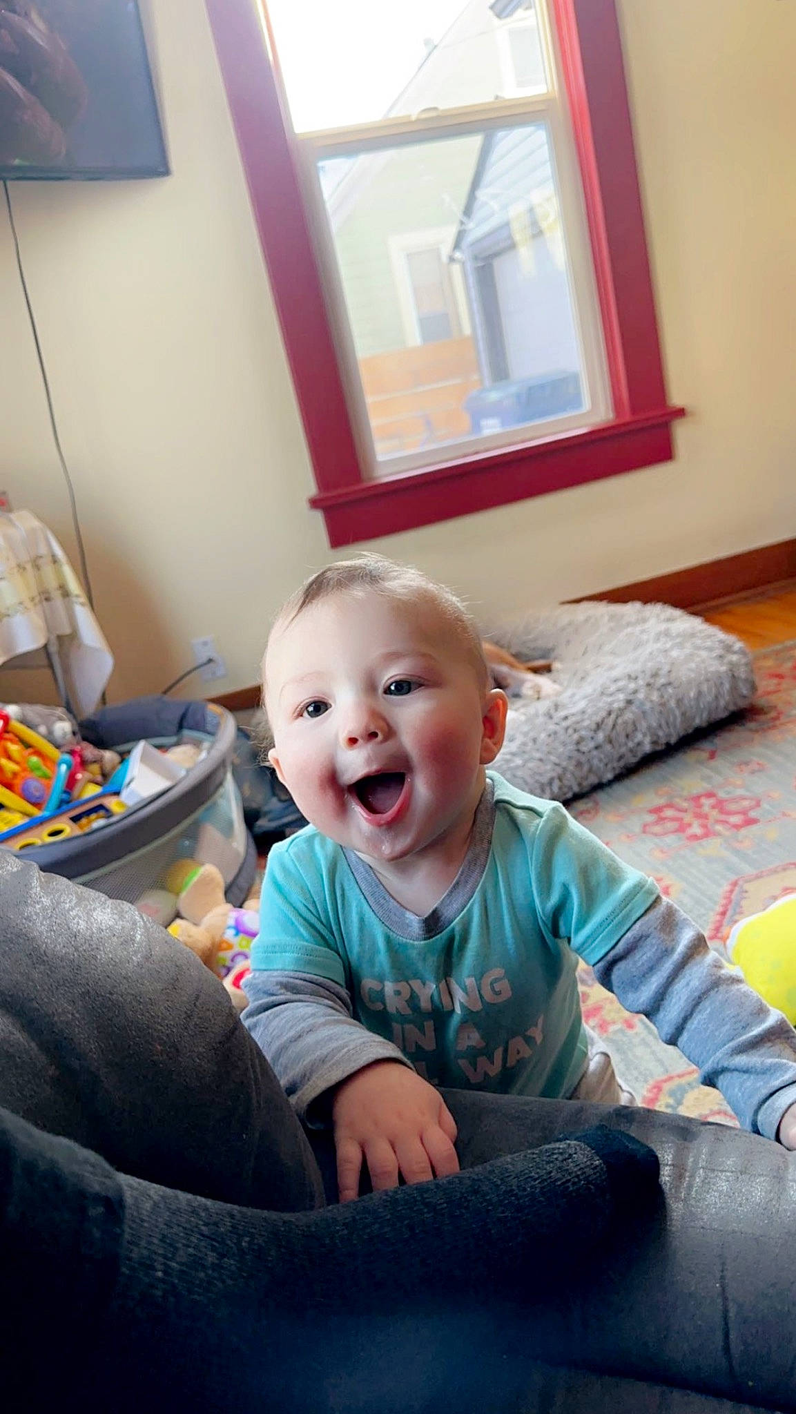 Hutson is registered to the contest to win money with this photo: baby, baby_toddler_clothing, child, comfort, couch, flooring, fun, happy, head, laugh, leg, living_room, person, play, room, sitting, smile, t_shirt, toddler, window