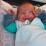 Briar joined the competition — help win amazing prizes! baby, newborn, infant, smile, smiling, blanket, swaddle, pillow, hospital_bed, hospital, iv_tube, medical_tape, hand, face, arm, clothing, bedding, crib, portrait, cute