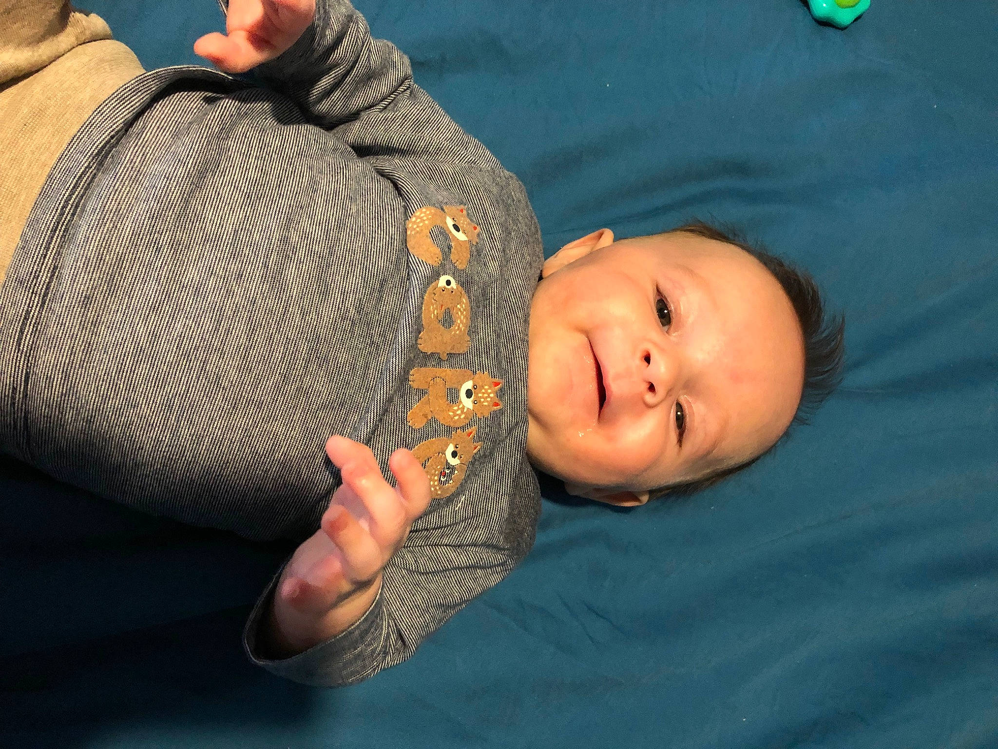 Esteban a rejoint le concours — aidez-le/la à gagner de superbes lots ! abdomen, baby, child, comfort, elbow, fashion_accessory, flash_photography, fun, gesture, grass, happy, nail, pattern, person, portrait_photography, sitting, sleeve, smile, thumb, toddler