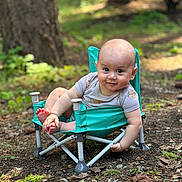 Nico is registered to the contest to win money with this photo: baby, child, outdoor, forest, camping_chair, smile, cute, nature, greenery, dirt, leaves, sunlight, playful, infant, sitting, small_chair, happy, barefoot, casual_clothing, daylight