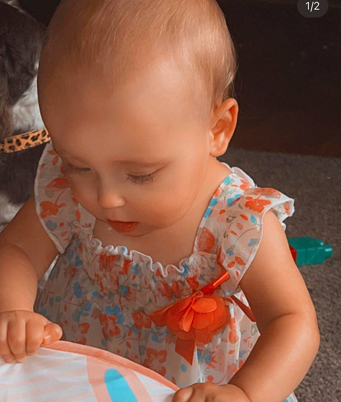 Harper joined the competition — help win amazing prizes! arm, baby, baby_toddler_clothing, cheek, chin, dress, ear, facial_expression, finger, hand, happy, iris, mouth, neck, nose, orange, organ, person, skin, sleeve