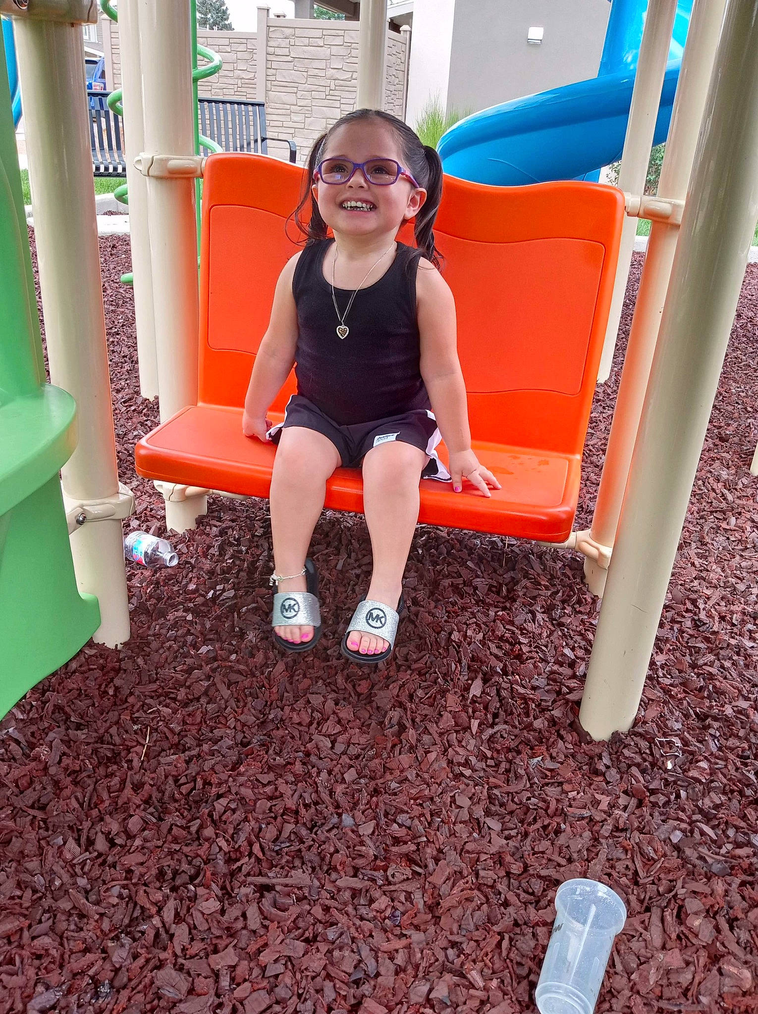 Isabel joined the competition — help win amazing prizes! child, chute, city, flooring, fun, human_leg, joy, knee, leisure, orange, outdoor_play_equipment, person, plant, playground, playground_slide, recreation, shorts, smile, stairs, thigh