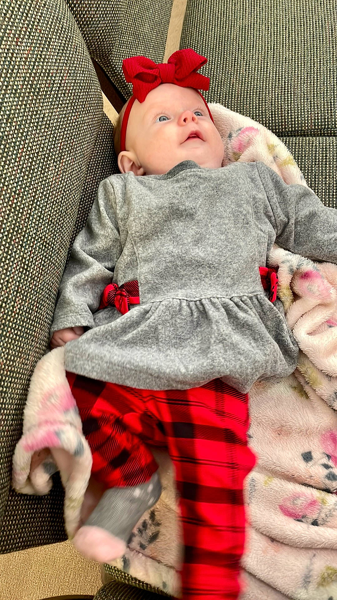 Danika joined the competition — help win amazing prizes! baby, baby_toddler_clothing, cap, comfort, green, lap, leg, pattern, person, pink, plaid, red, sitting, skin, sleeve, sock, tartan, textile, thigh, toddler