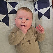 Mikhael participe au concours pour gagner de l'argent avec cette photo : baby, infant, smiling, sweater, knitwear, quilt, blanket, face, hand, blue, white, pattern, cute, child, portrait, lying_down, happy, indoors, person, apparel