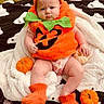 baby, infant, child, pumpkin_costume, halloween, orange, hat, leaf_collar, blanket, pumpkins, sock_shoes, portrait, sitting, indoors, cozy, serious_expression, face, costume, autumn, photography