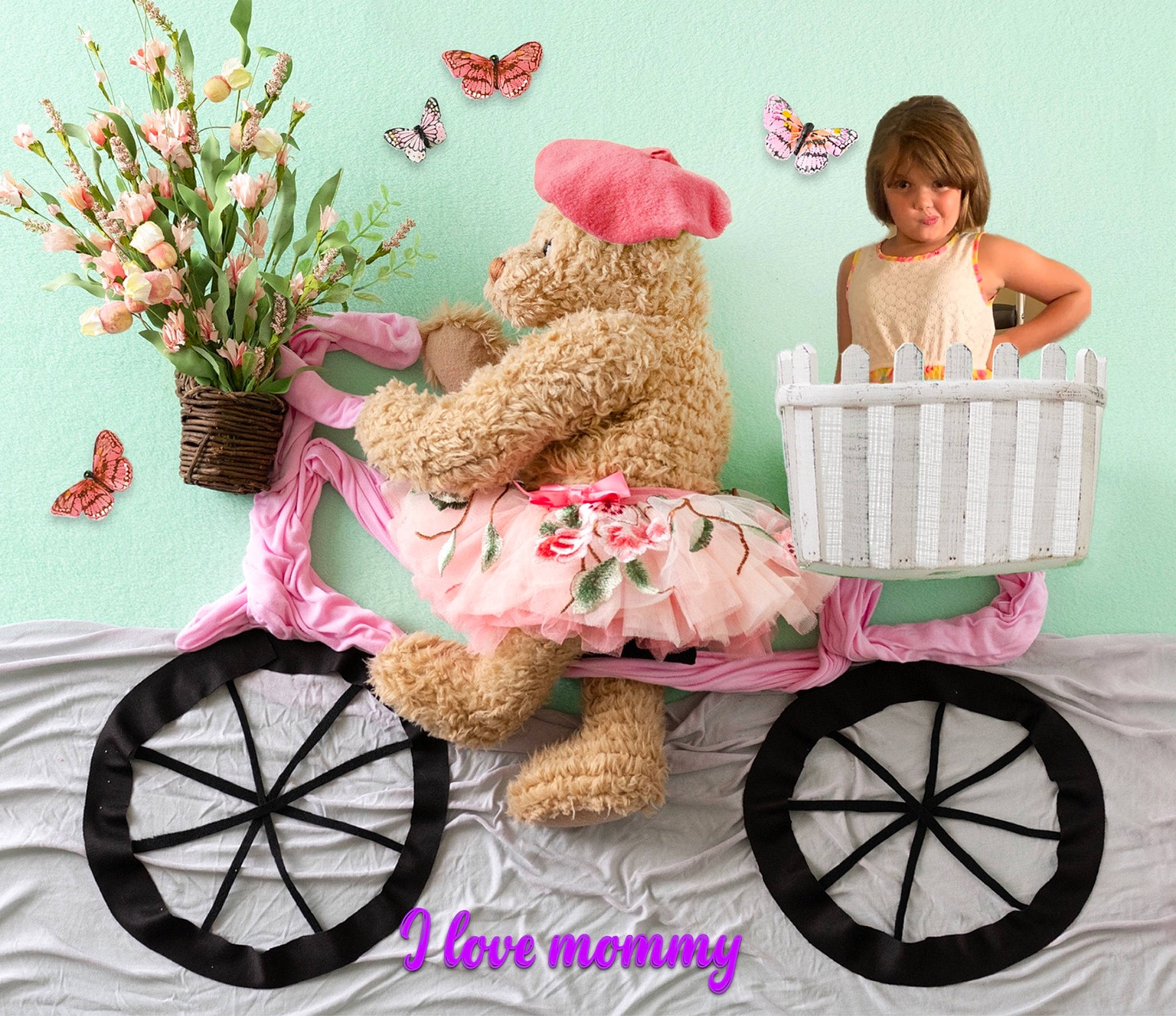 Amiya is registered to the contest to win money with this photo: baby_products, baby_toddler_clothing, fashion_accessory, fawn, flower, font, happy, hat, magenta, pattern, person, pink, plant, purple, sitting, stuffed_toy, teddy_bear, tire, toddler, toy