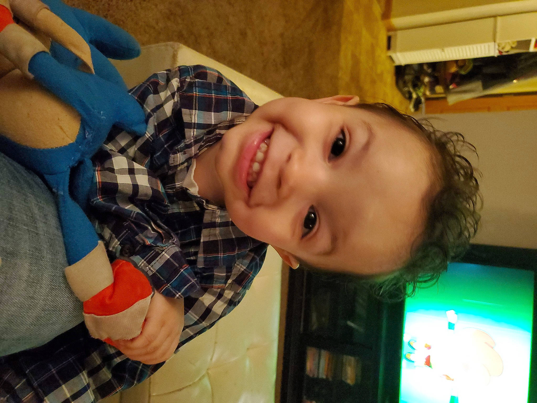 Gatlin joined the competition — help win amazing prizes! baby_toddler_clothing, cheek, child, cool, display_device, ear, eye, facial_expression, happy, human, iris, jaw, joy, lip, mouth, pattern, person, plaid, smile, tartan