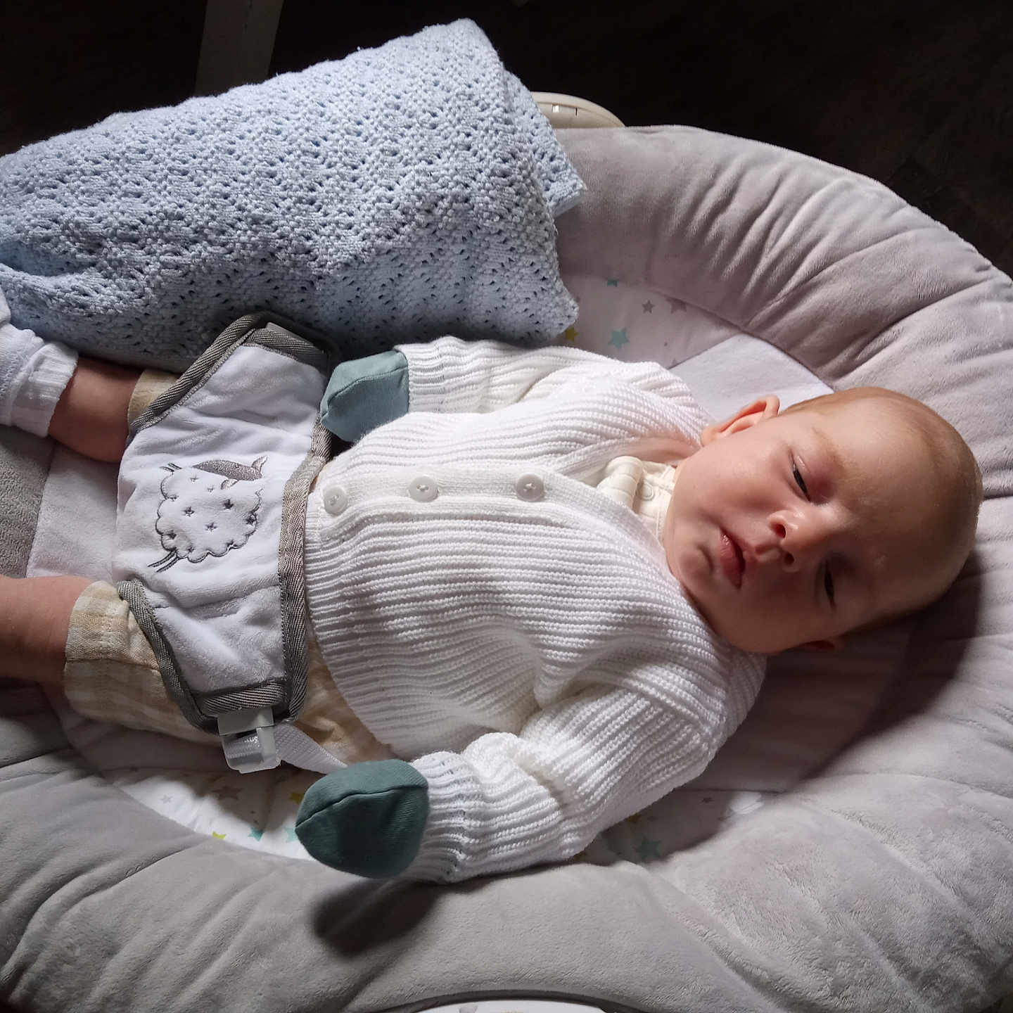 Noah is registered to the contest to win money with this photo: baby, baby_lounger, blanket, child, comfort, cozy, cushion, indoors, infant, knitwear, mittens, newborn, peaceful, portrait, resting, sleeping, soft_fabric, warm, white_clothing, wooden_floor