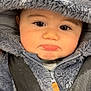 baby, child, pout, hoodie, fluffy, gray, car_seat, car_seat_harness, close_up, face, expression, cute, infant, young_child, winter_clothing, zipper, soft_texture, straps, portrait, indoors