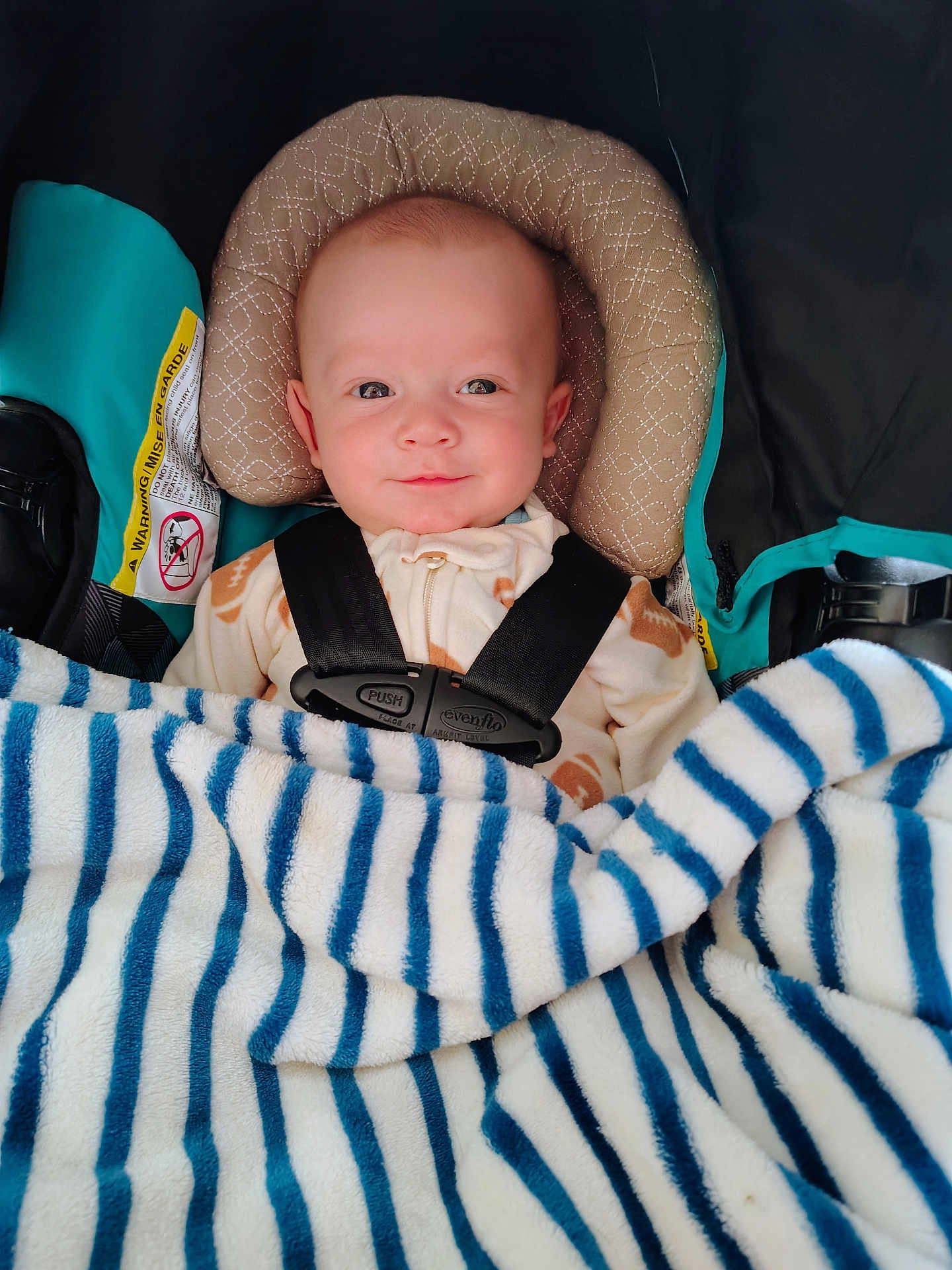 Cayden is registered to the contest to win money with this photo: baby, infant, child, car_seat, blanket, stripes, smile, blue, white, seatbelt, buckle, headrest, pillow, hood, onesie, portrait, cute, eyes, fabric, cozy