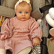 Iris participe au concours pour gagner de l'argent avec cette photo : baby, infant, child, pink_dress, headband, stroller, blanket, curious, wide_eyes, cute, baby_gear, seated, indoors, soft_lighting, clothing, person, portrait, baby_fashion, headwear, toddler