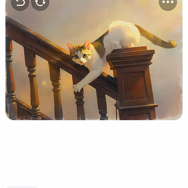 Monica Lepinsky joined the competition — help win amazing prizes! animal, artistic, background_blur, baluster, cat, curious, ears, feline, indoors, painting_style, pet, playful, resting, soft_lighting, staircase, stretching, tail, warm_colors, whiskers, wooden_railing