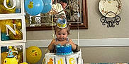 James joined the competition — help win amazing prizes! adult_reflection, baby, balloons, birthday, blue_cake, cake, celebration, child, crown, decorations, happy, mirror, one_year, party, plate, ribbon, rubber_duck, smash_cake, table, wall