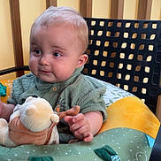 Valentin participe au concours pour gagner de l'argent avec cette photo : baby, black_chair, child, crib, cushion, cute, furniture, green_clothing, hands, indoor, infant, light_hair, person, plush_toy, portrait, seat, smiling, soft_toy, wooden_rail, yellow_cushion