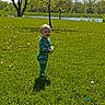 Liam joined the competition — help win amazing prizes! toddler, child, grass, field, tree, dandelion, pond, sunny, outdoor, nature, greenery, onesie, baby, smiling, daylight, standing, young_child, spring, shadow, playful