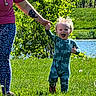 Liam joined the competition — help win amazing prizes! toddler, child, adult, holding_hands, running, outdoor, greenery, grass, sunlight, joyful, smiling, lake, trees, nature, blue_onesie, pink_shirt, leggings, tattoo, happy, daytime