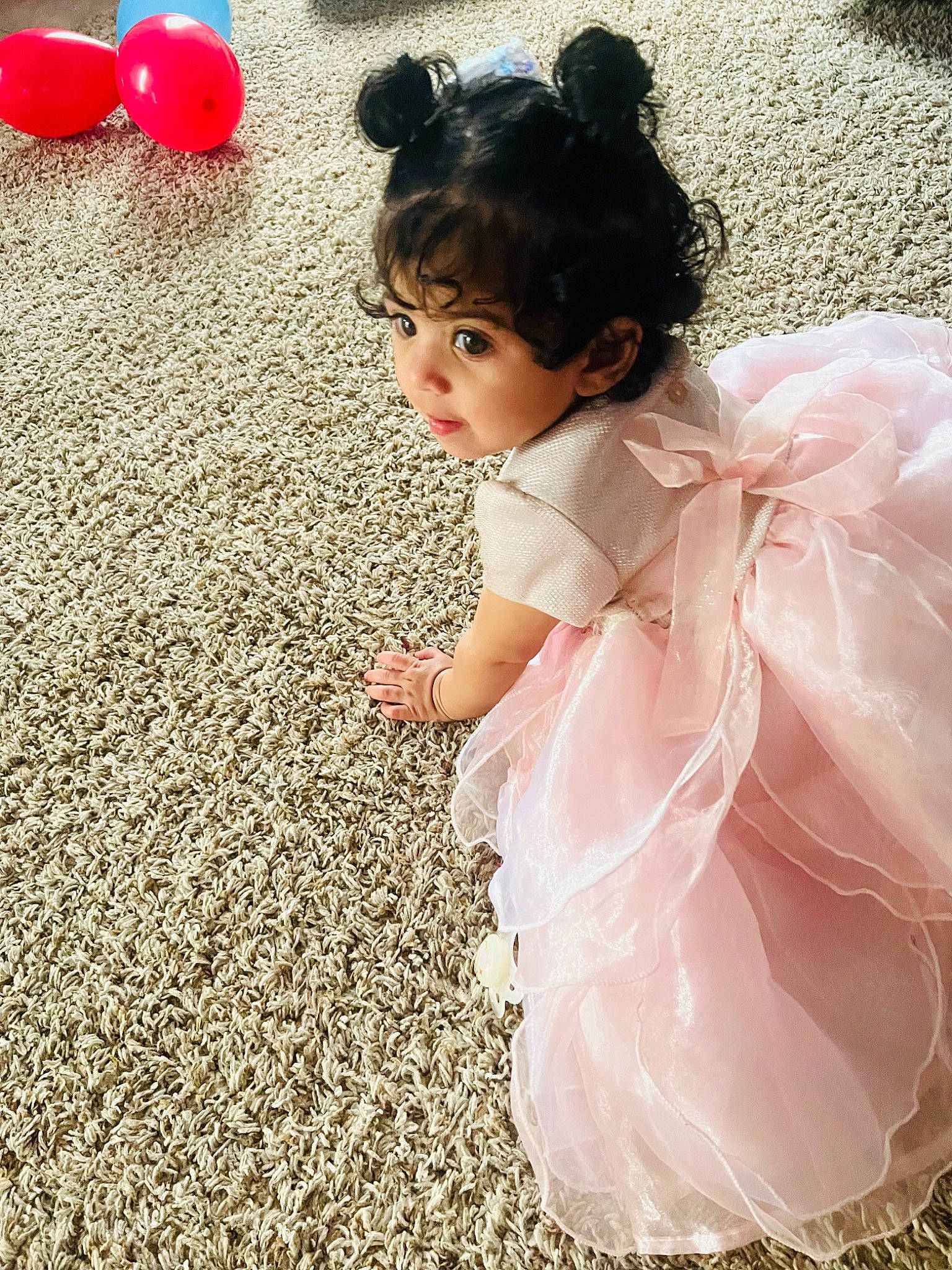 Mia joined the competition — help win amazing prizes! baby_toddler_clothing, balloon, bridal_accessory, child, dress, embellishment, event, facial_expression, fashion_accessory, flooring, fun, grass, hair_accessory, hairstyle, happy, headpiece, magenta, person, petal, pink